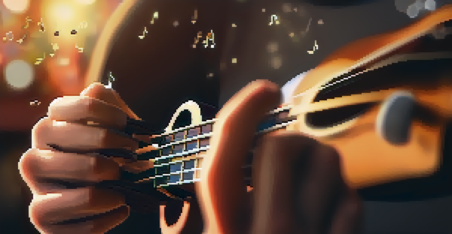 Close-up of a ukulele player's hands strumming, with musical notes floating in a cozy, warmly-lit setting.