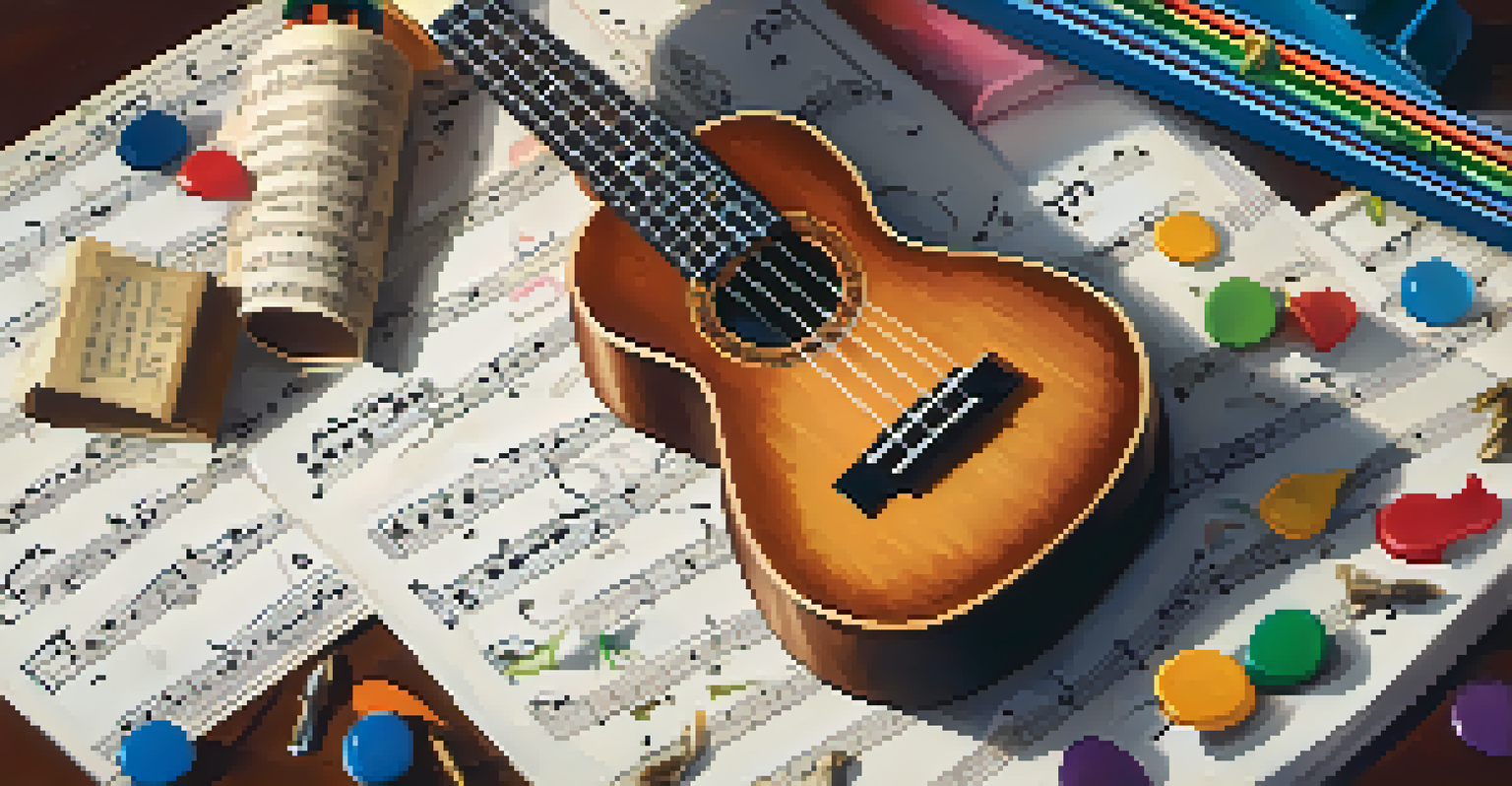 An overhead view of a ukulele on a music sheet with chord diagrams, featuring a capo and colorful picks around it, all in a warm-lit setting.