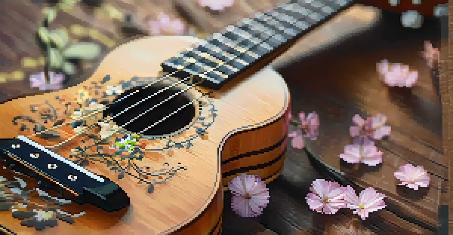 Close-up of an electric ukulele on a wooden table, with music notes and flowers around it.