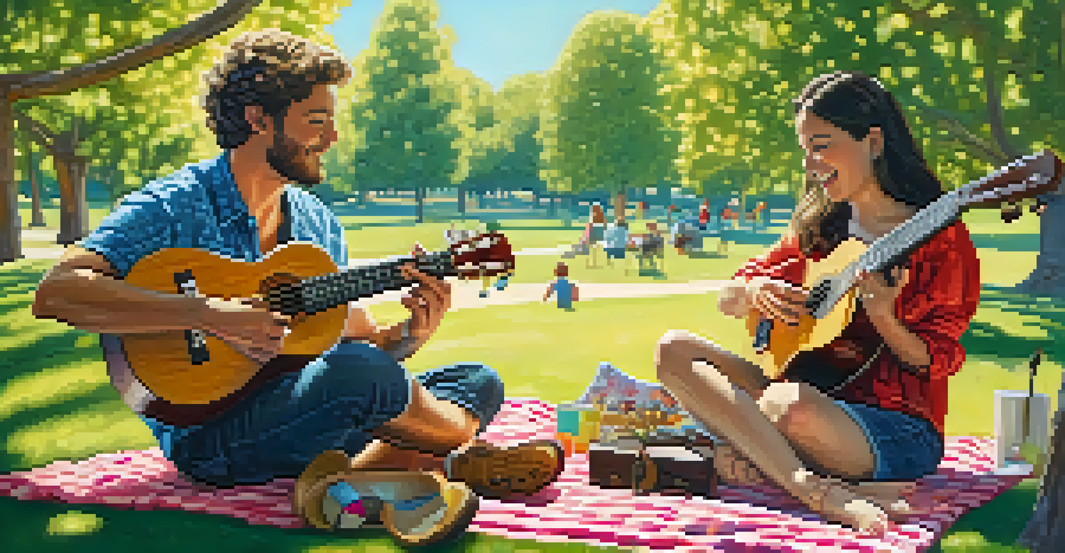 Two musicians playing ukulele duets on a picnic blanket in a sunny park surrounded by nature.