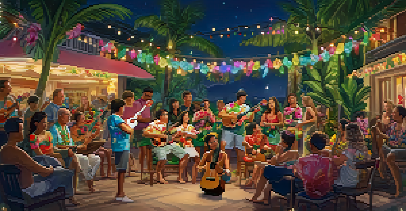 A festive ukulele night celebration with participants in Hawaiian attire, playing music amidst tropical decorations and fairy lights.
