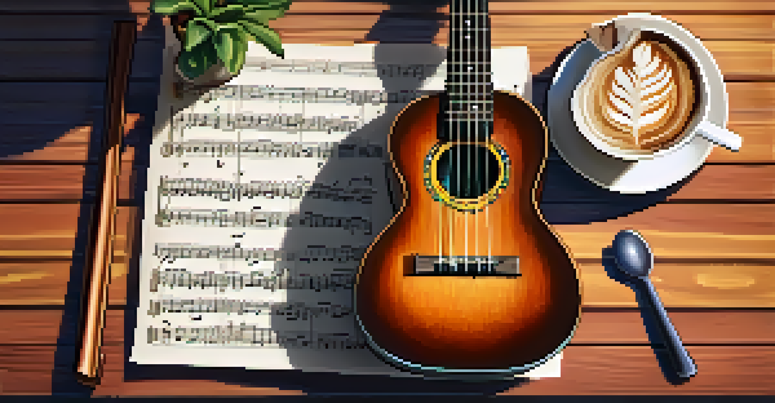 A colorful ukulele on a wooden table next to sheet music and a coffee cup.