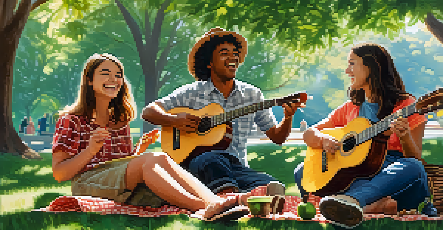 Friends enjoying a sunny day in the park, playing ukuleles and singing together, surrounded by nature.