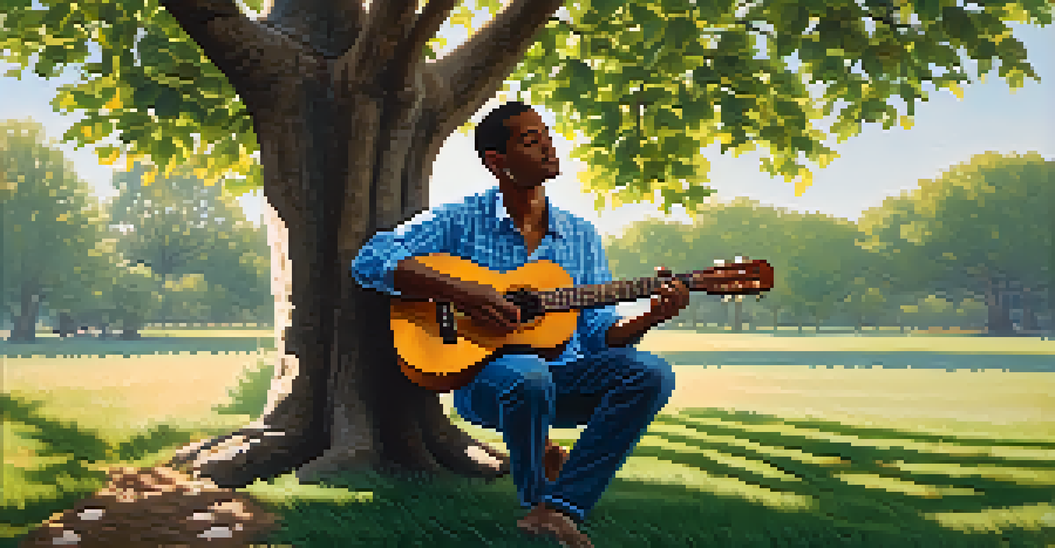 A musician playing ukulele under a tree, with sunlight filtering through the leaves and creating a peaceful outdoor atmosphere.