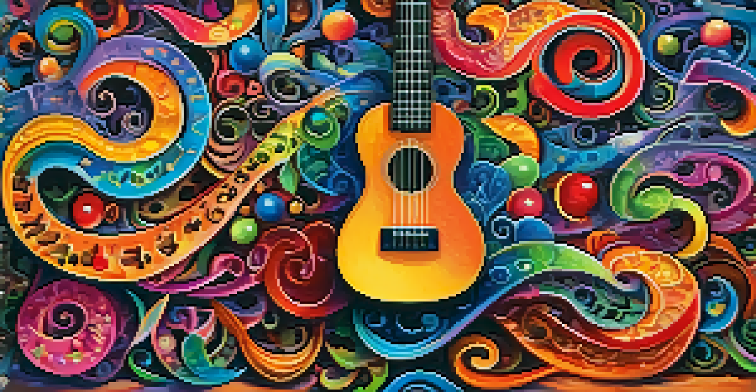 A ukulele surrounded by colorful musical notes on vibrant fabric, with soft lighting enhancing its details against an abstract background.