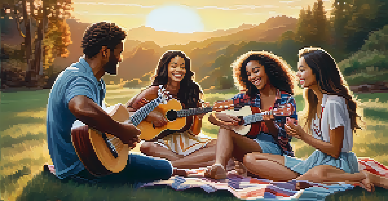 A group of friends playing ukuleles on a picnic blanket during sunset.
