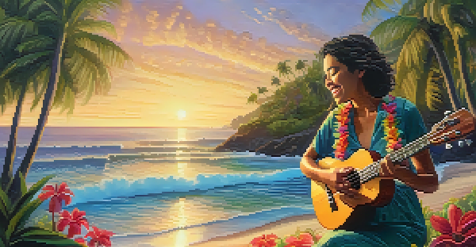 Aldrine Guerrero playing the ukulele on a beach in Hawaii during sunset, with palm trees and flowers around him.