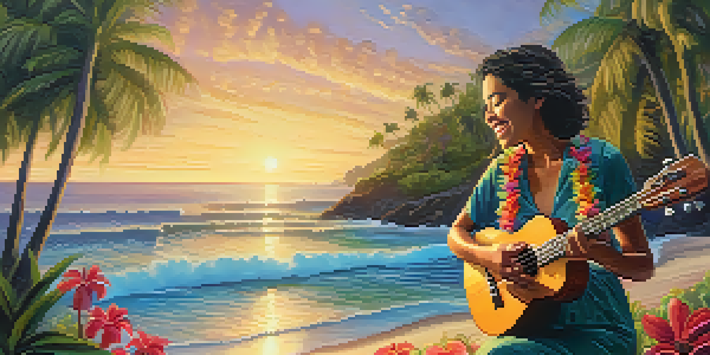 Aldrine Guerrero playing the ukulele on a beach in Hawaii during sunset, with palm trees and flowers around him.