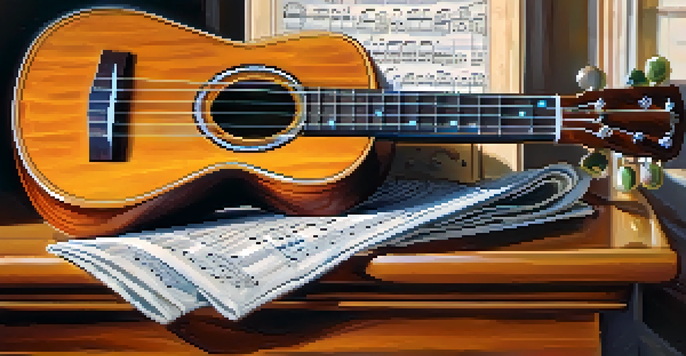 A polished ukulele on a wooden table with colorful sheet music and a metronome, illuminated by natural light.