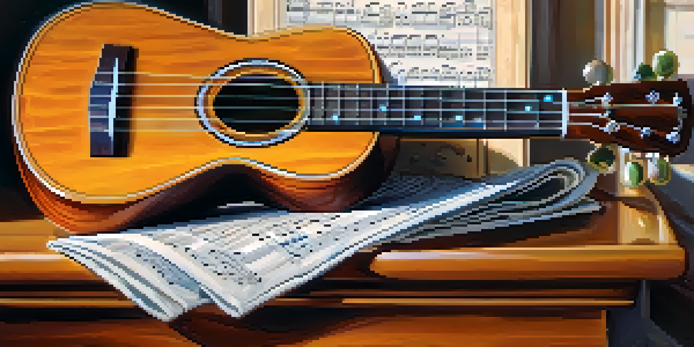 A polished ukulele on a wooden table with colorful sheet music and a metronome, illuminated by natural light.