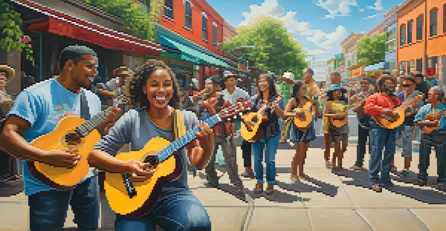 A group of musicians playing ukuleles in an urban area with colorful murals, showcasing a lively street performance.
