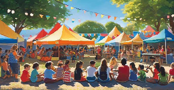 A lively ukulele festival with children participating in a workshop, smiling and holding ukuleles under a sunny sky.