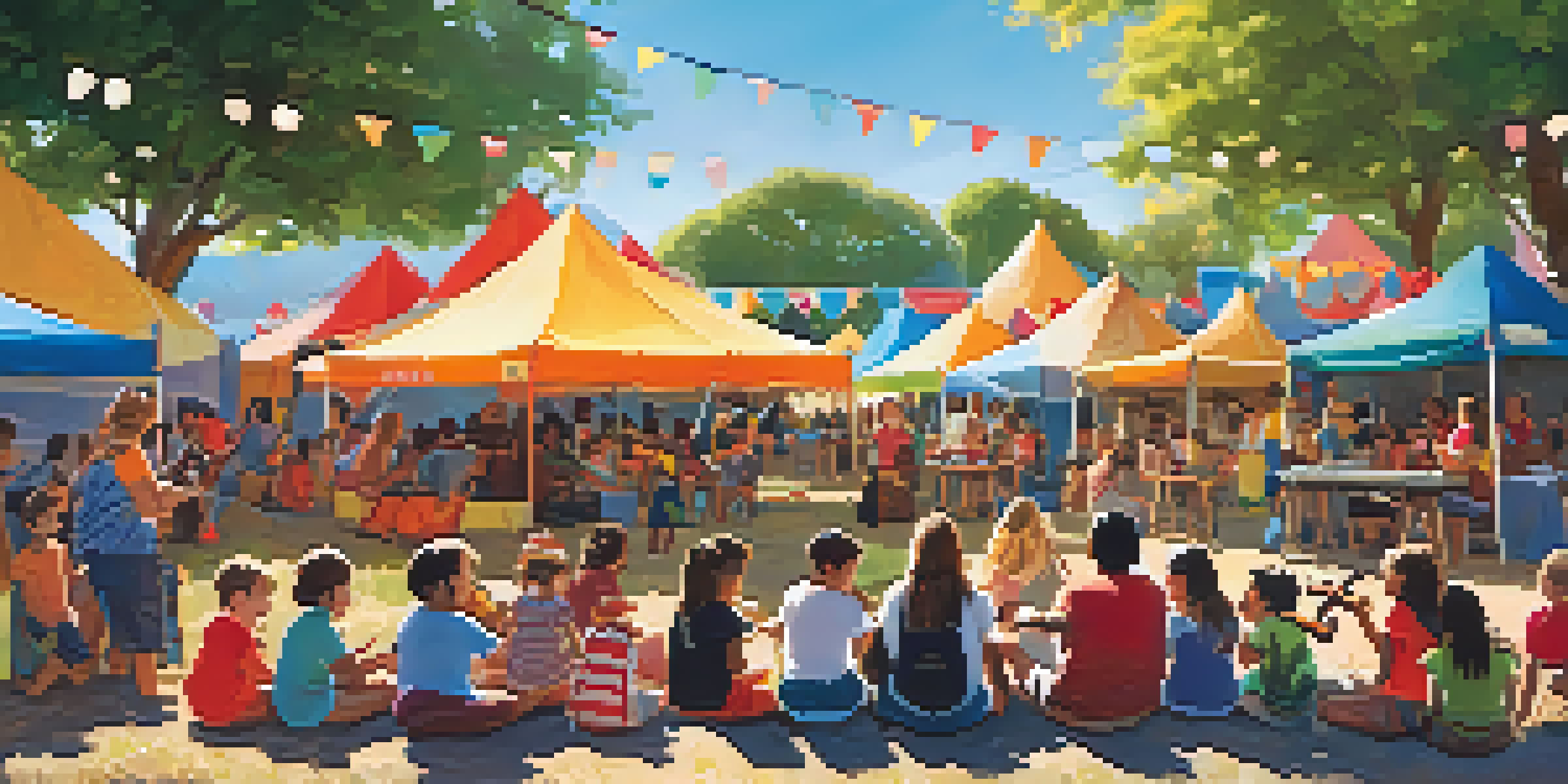 A lively ukulele festival with children participating in a workshop, smiling and holding ukuleles under a sunny sky.
