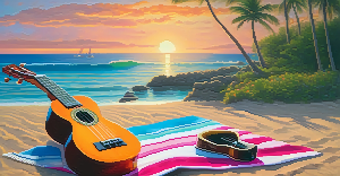 A peaceful beach setting with a ukulele on a towel and a piano nearby, illuminated by a sunset.