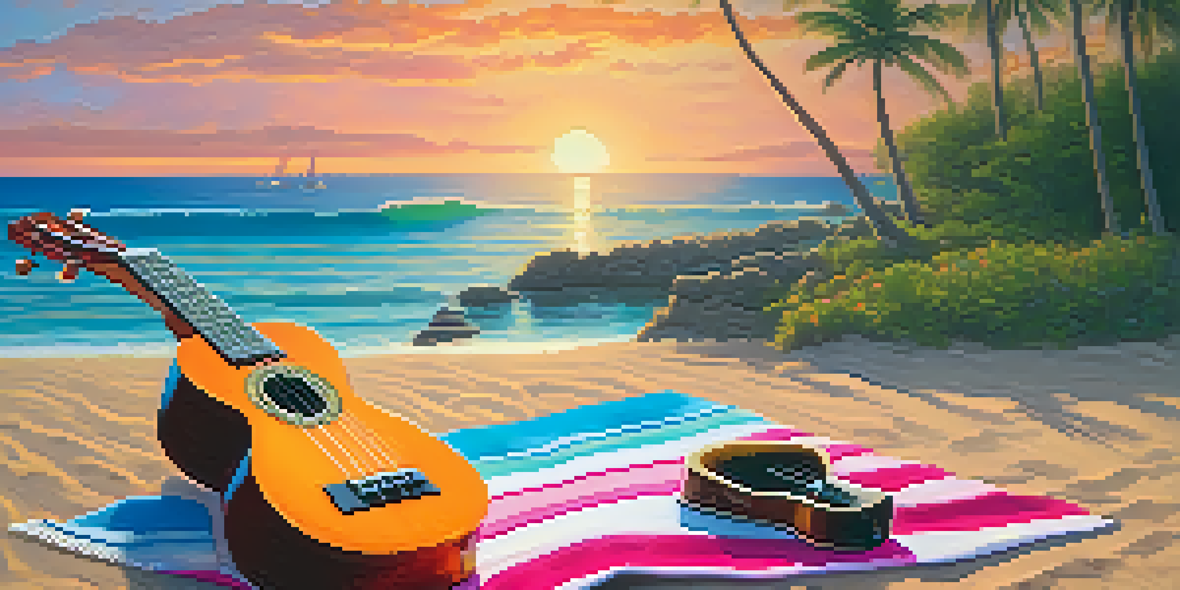 A peaceful beach setting with a ukulele on a towel and a piano nearby, illuminated by a sunset.