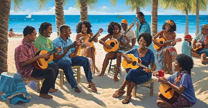 A diverse group of musicians playing ukuleles on a sunny beach, surrounded by palm trees and ocean waves.