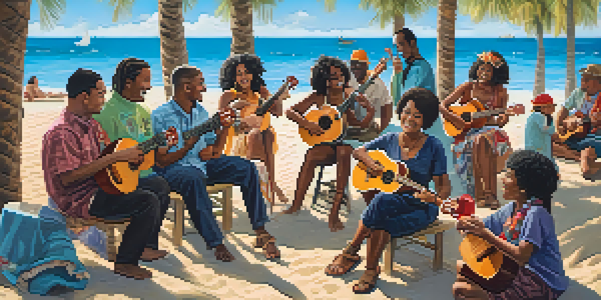 A diverse group of musicians playing ukuleles on a sunny beach, surrounded by palm trees and ocean waves.