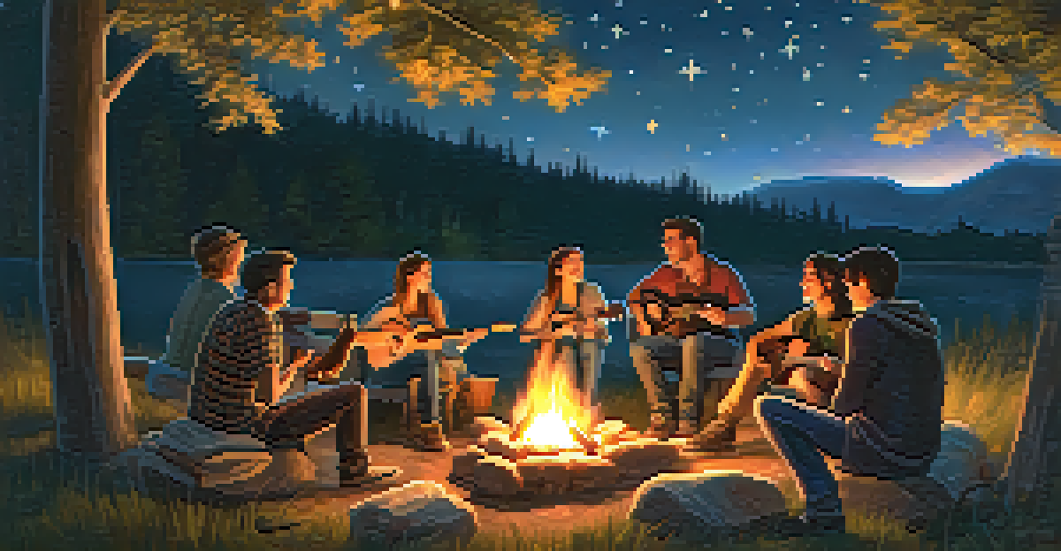A group of friends around a campfire, one playing ukulele, under a starry sky.