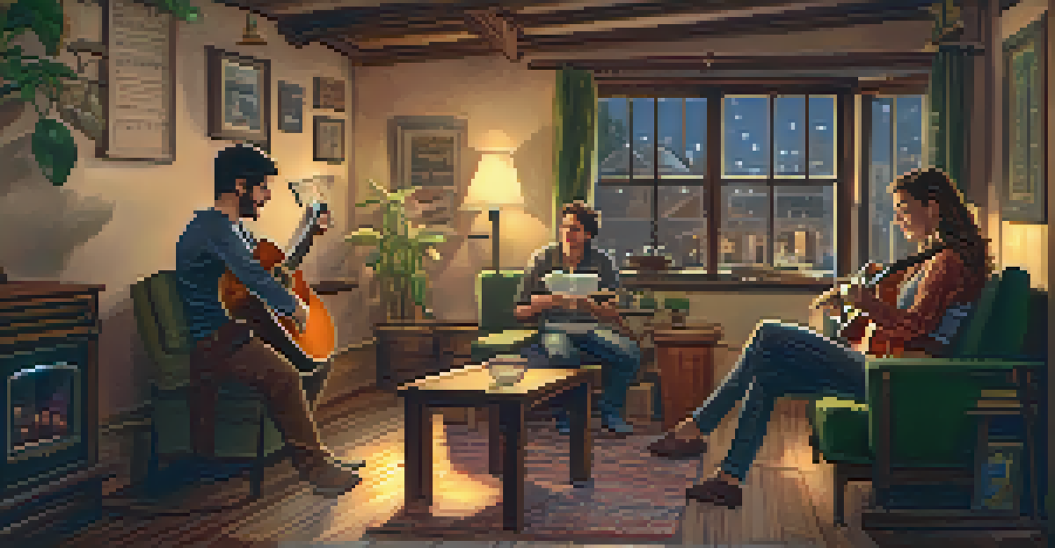 Two people playing ukuleles in a cozy indoor setting with warm fairy lights and sheet music.