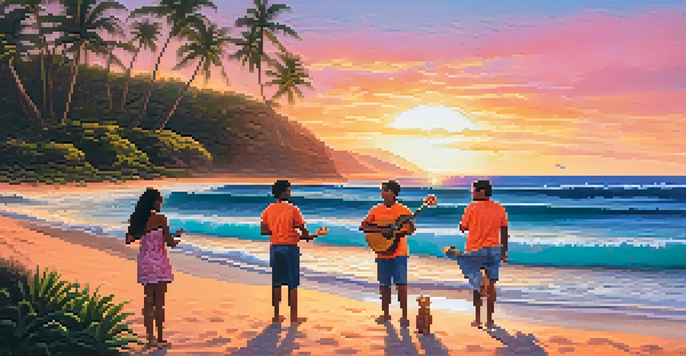 A group of friends playing ukuleles on a beach during sunset, with a colorful sky and waves in the background.