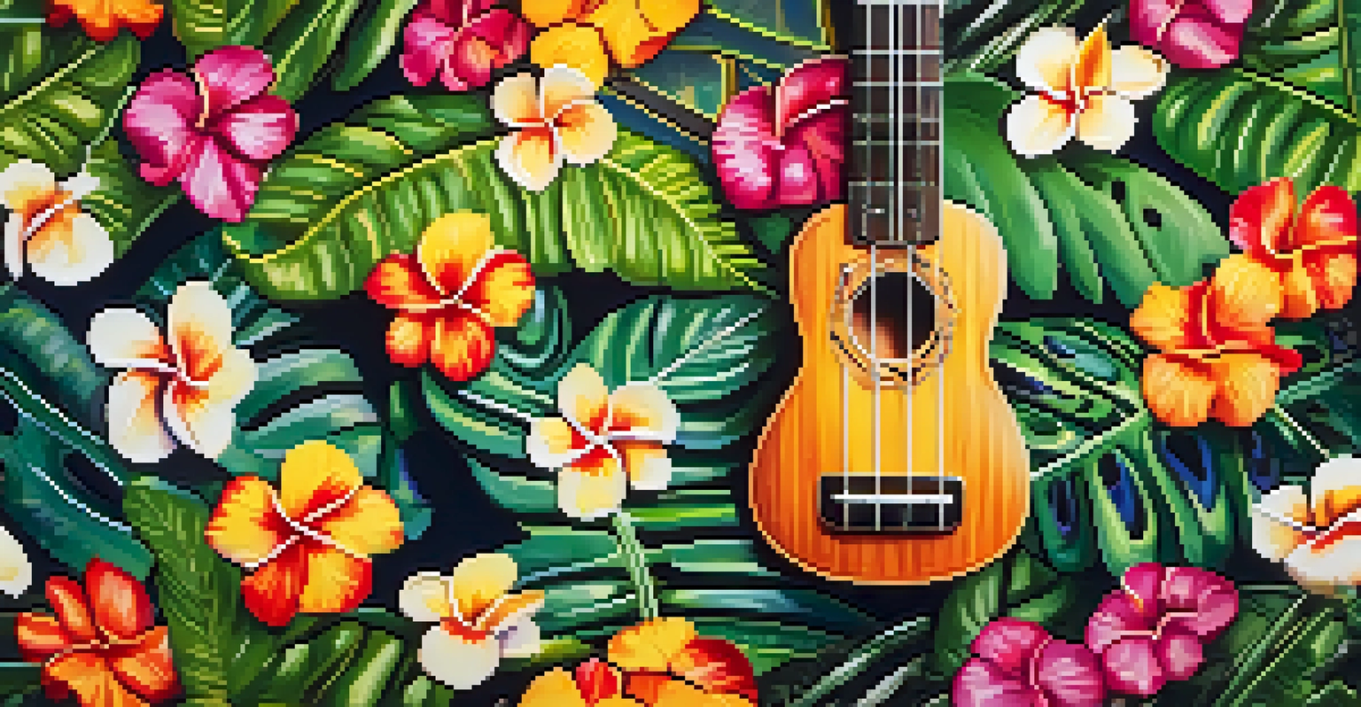 A decorated ukulele on a Hawaiian lei, with sunlight filtering through tropical leaves.