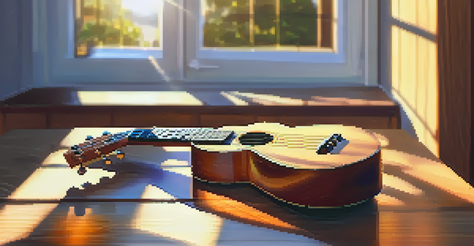 A close-up of a ukulele on a wooden table with colorful strings and a tuning peg, illuminated by soft sunlight.