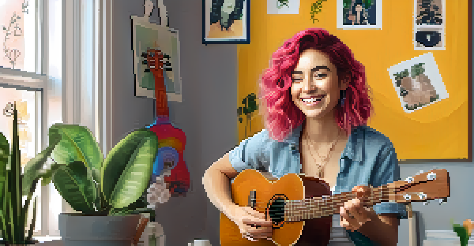 A young woman with colorful hair recording a ukulele tutorial in a bright, decorated room.