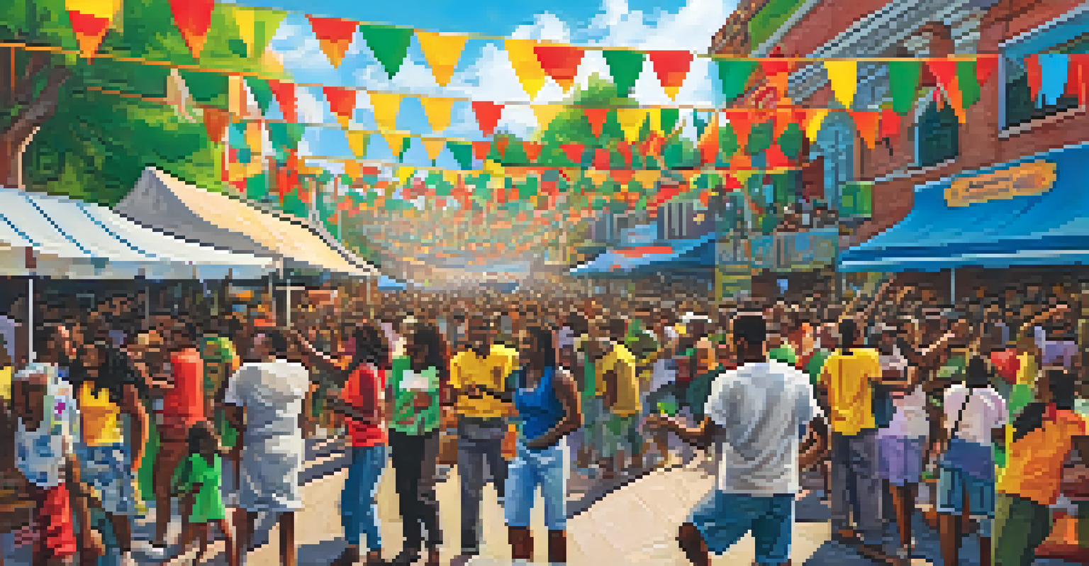 A street festival scene with people dancing and musicians performing on stage, celebrating reggae music with colorful decorations.
