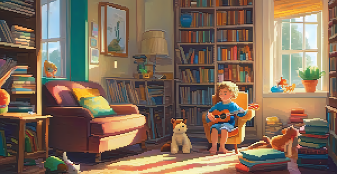 A storyteller plays a ukulele in a warm living room, with sunlight streaming through a window and a child listening intently on the floor.