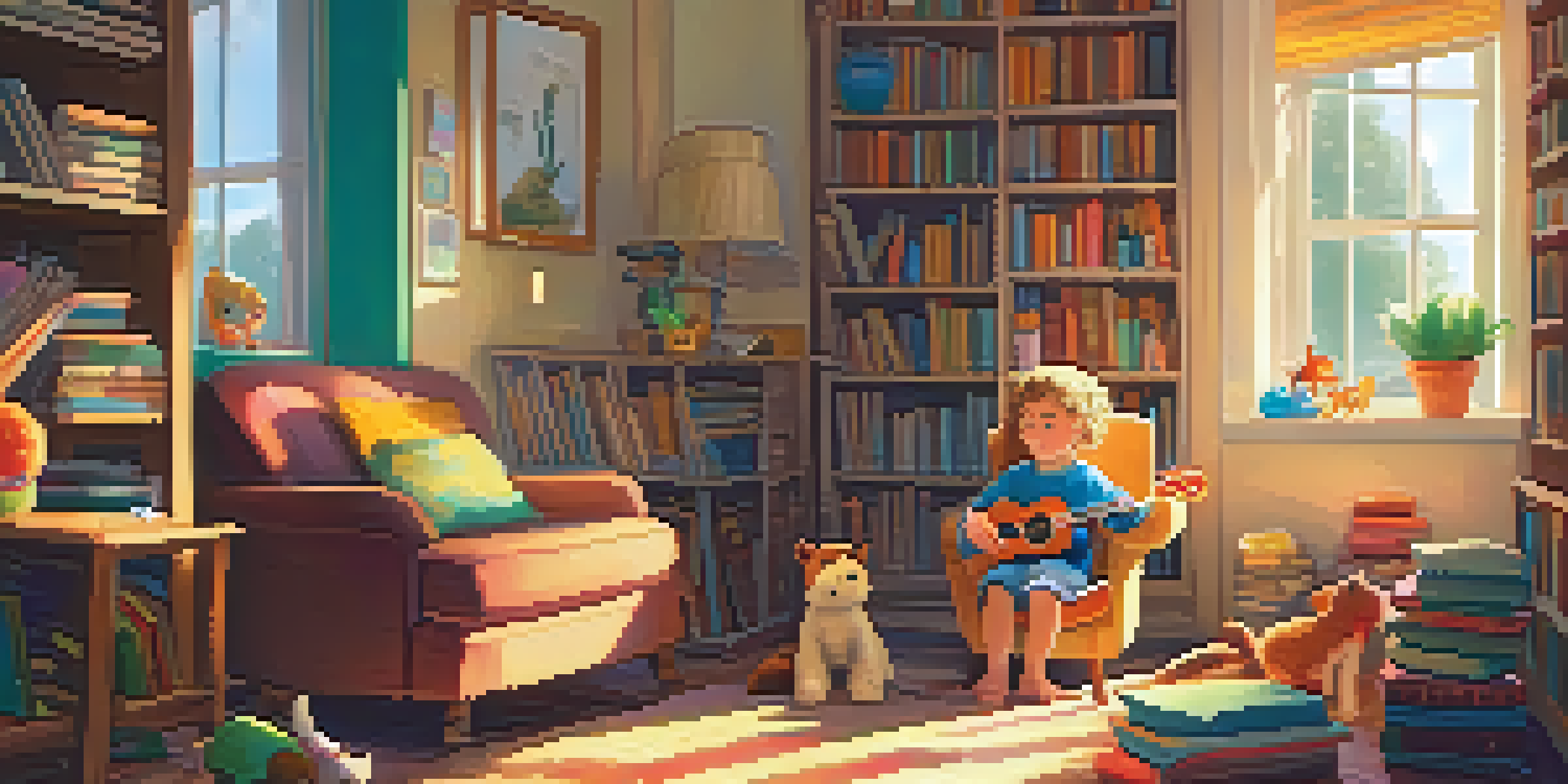 A storyteller plays a ukulele in a warm living room, with sunlight streaming through a window and a child listening intently on the floor.