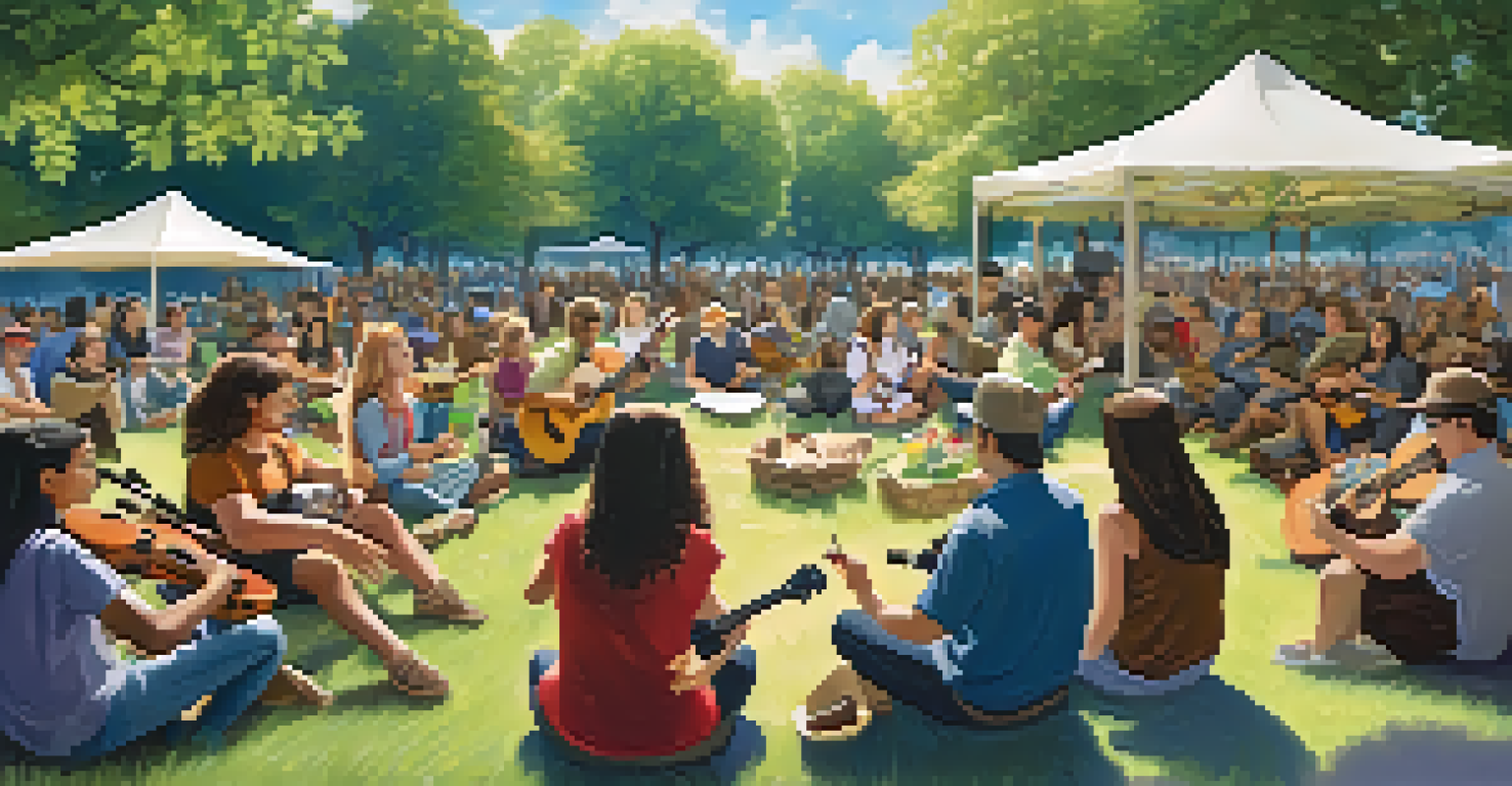 Musicians of various backgrounds playing ukuleles together in a park, promoting community and sustainability.