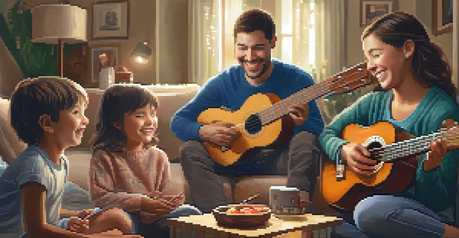 A child showcasing a handmade ukulele to family members in a cozy living room, filled with warmth and joy.