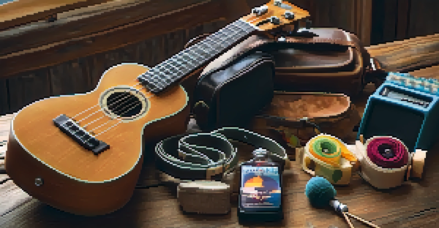 A colorful gig bag, clip-on tuner, and strap for ukulele arranged on a rustic wooden surface.