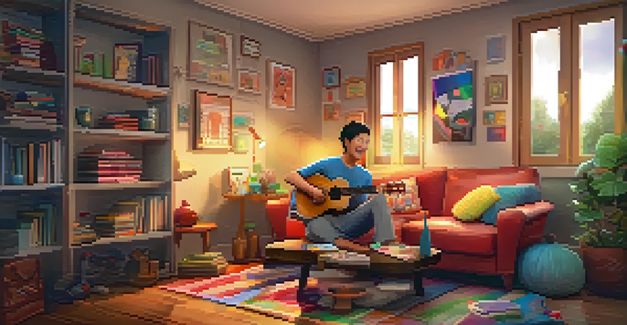 A beginner playing a ukulele in a cozy living room, with a tablet showing ukulele learning apps and colorful music notes around.