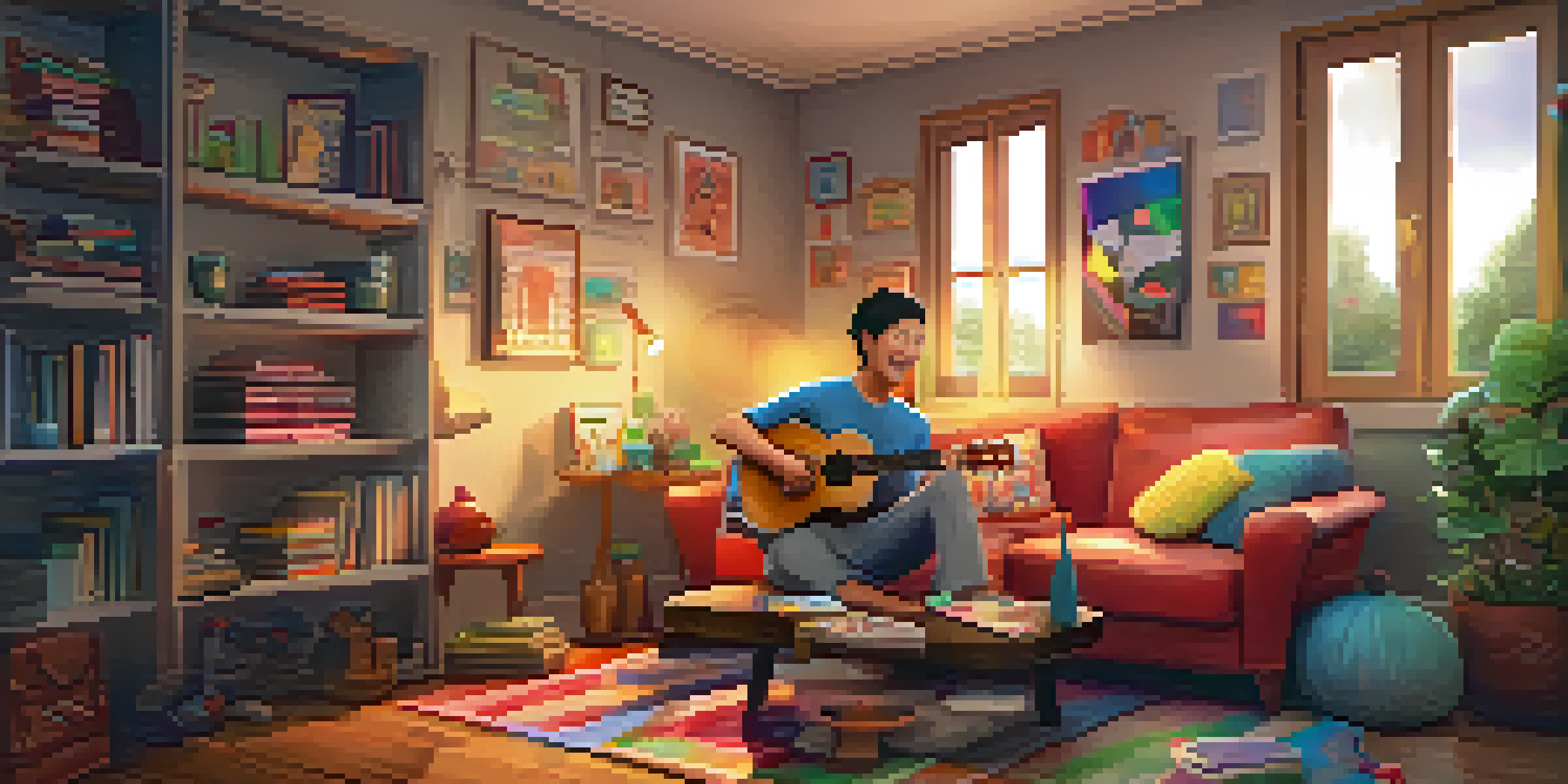 A beginner playing a ukulele in a cozy living room, with a tablet showing ukulele learning apps and colorful music notes around.