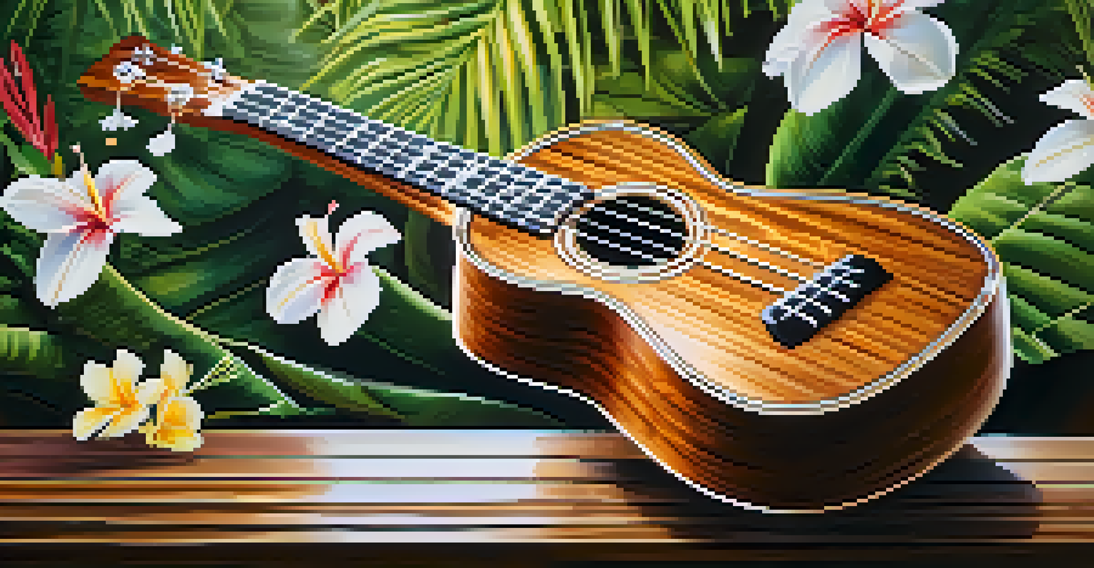 A close-up view of a crafted ukulele on a wooden table, with tropical flowers beside it.