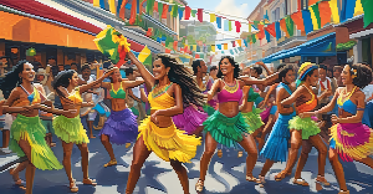 A lively samba dance festival scene with dancers in colorful costumes and a ukulele player at the center, surrounded by vibrant decorations.