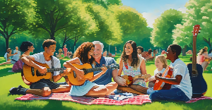 A diverse group of people playing ukuleles in a sunny park, surrounded by greenery and colorful picnic blankets.