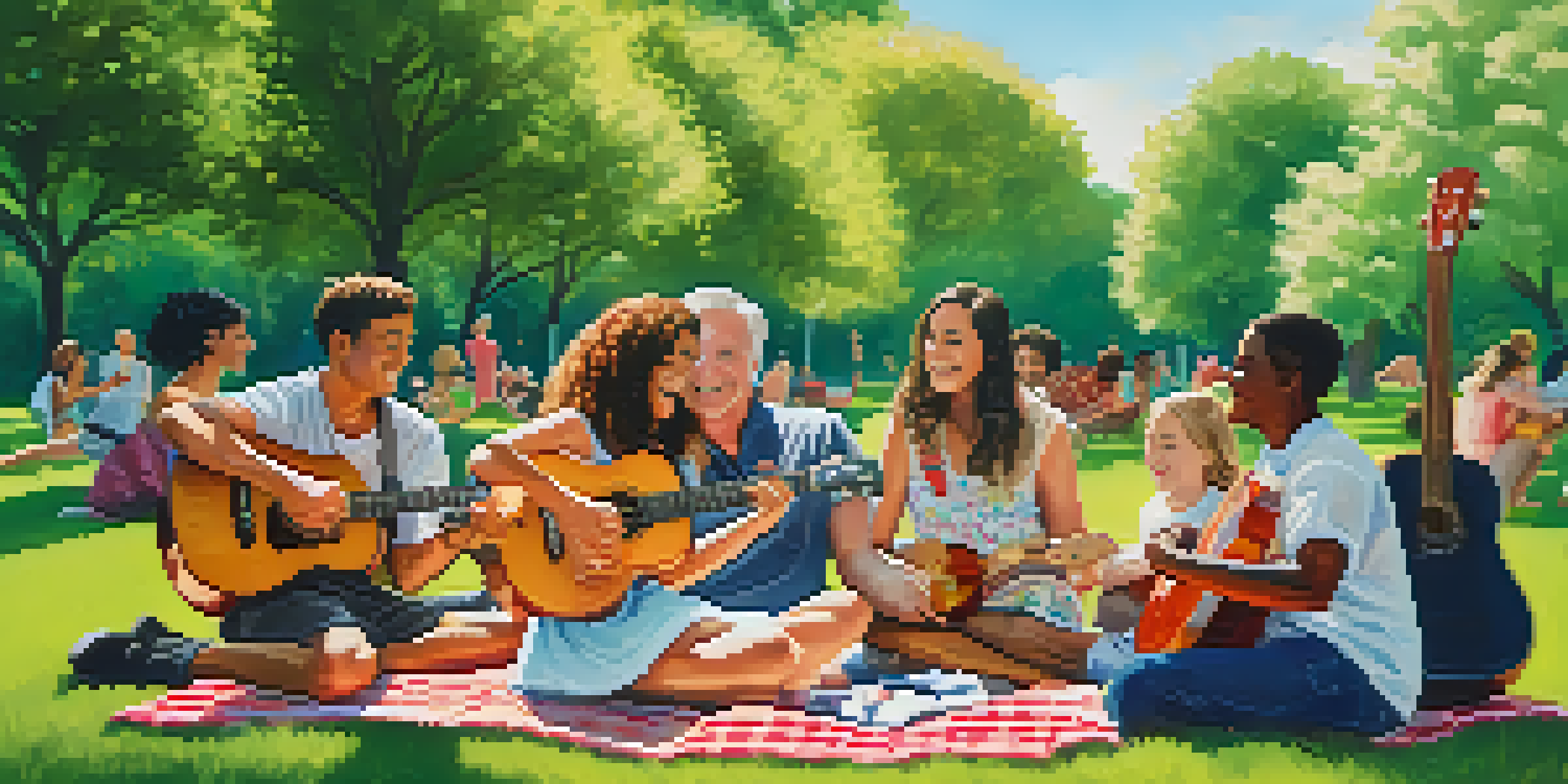 A diverse group of people playing ukuleles in a sunny park, surrounded by greenery and colorful picnic blankets.