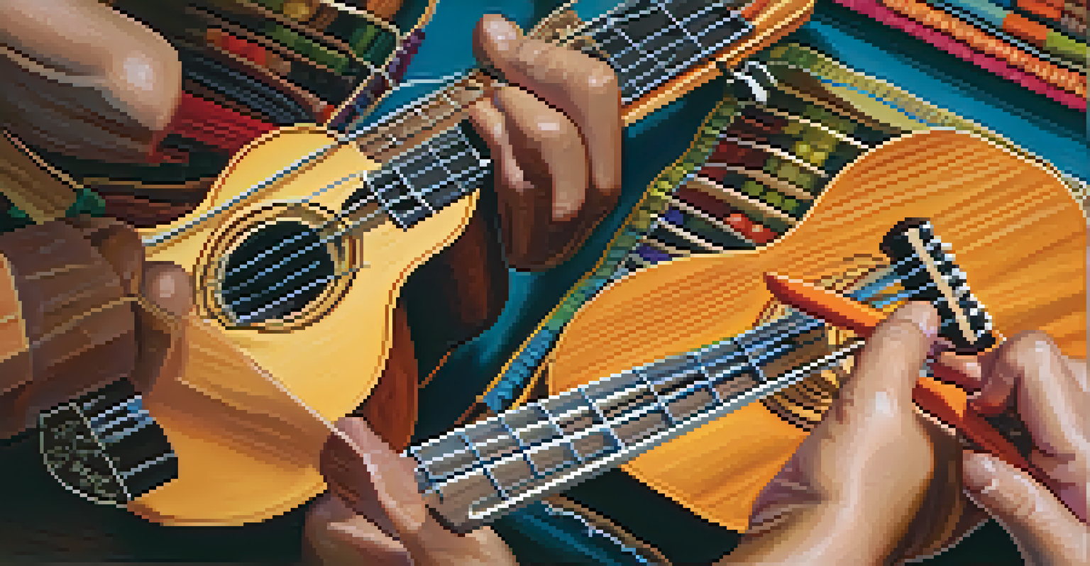 Close-up of hands replacing ukulele strings, with vibrant new strings and a blurred workshop background.
