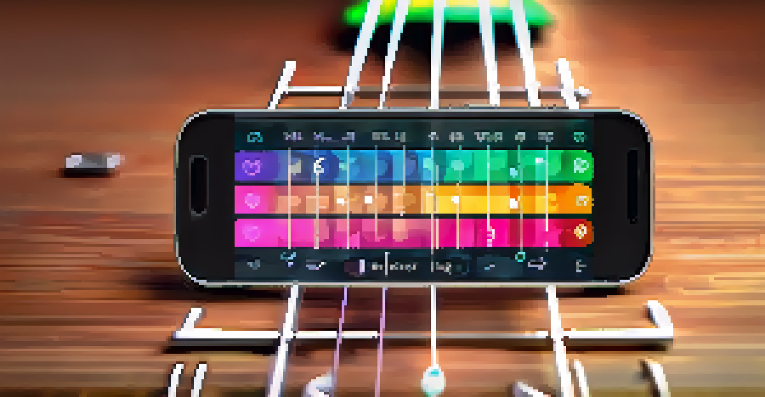 A close-up of a smartphone showing a ukulele learning app with colorful chord diagrams and video tutorials.