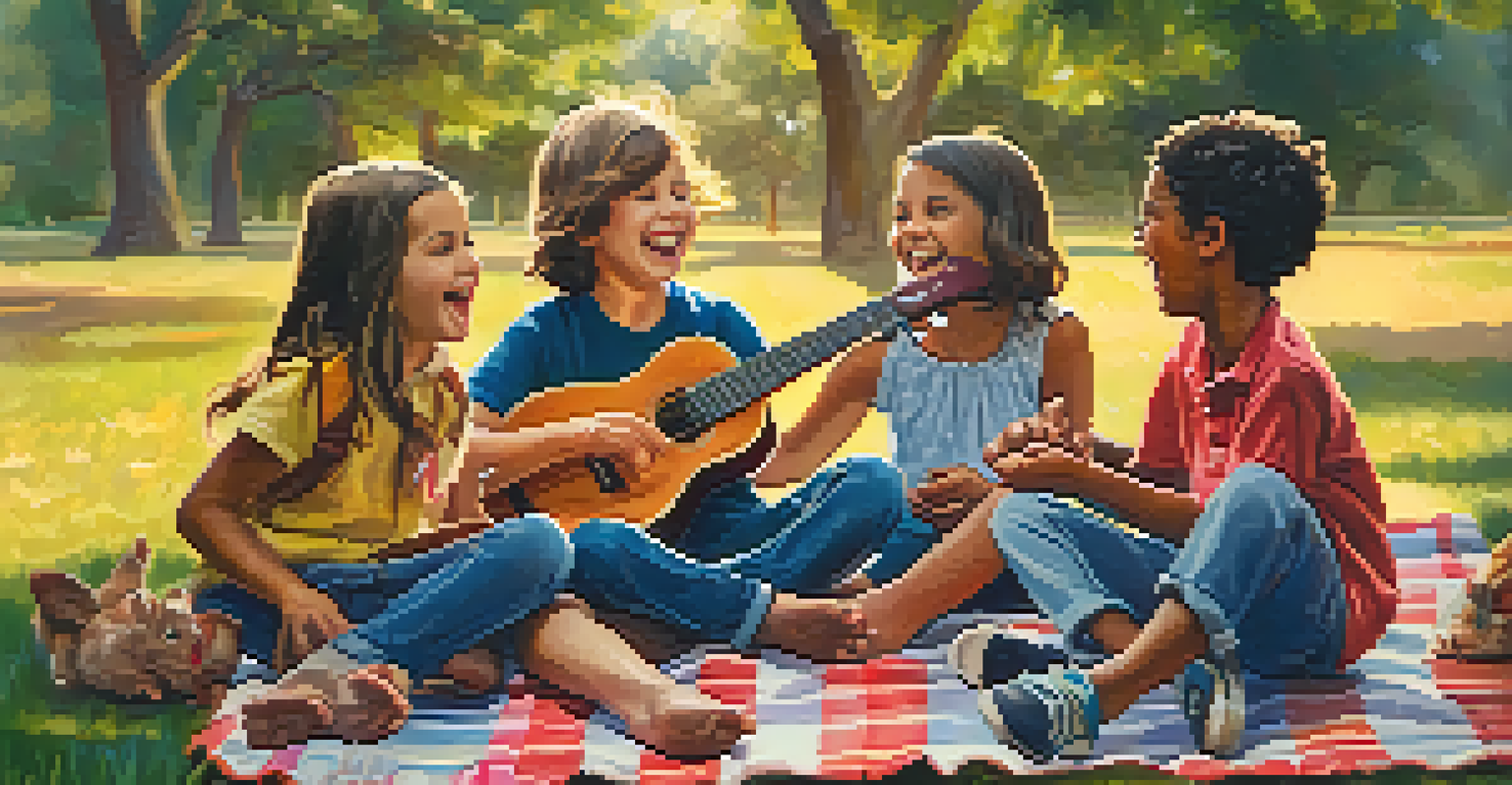 A group of children singing and playing ukuleles together in a sunny park.
