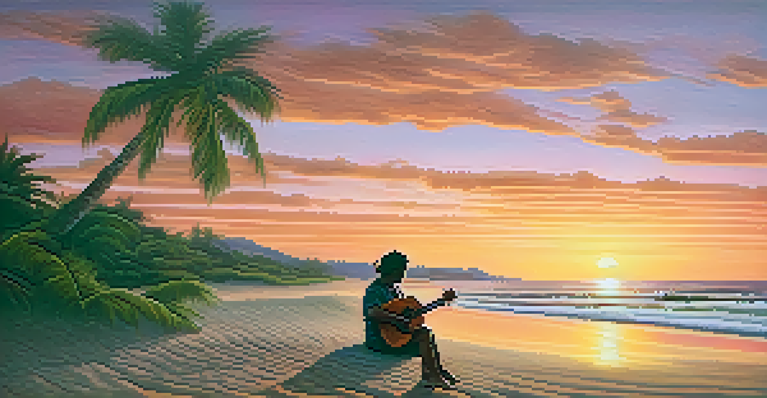 A person playing a ukulele on the beach at sunset, surrounded by nature, with palm trees against a colorful sky.