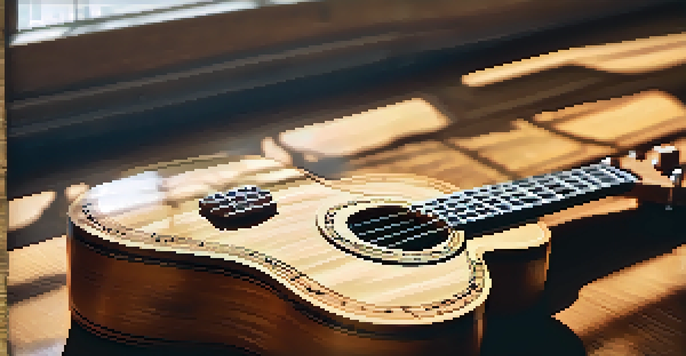 A close-up of a ukulele on a wooden table with sheet music and soft natural lighting.