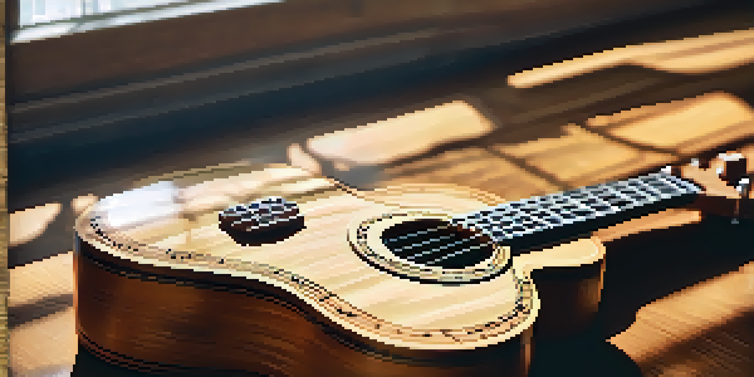 A close-up of a ukulele on a wooden table with sheet music and soft natural lighting.
