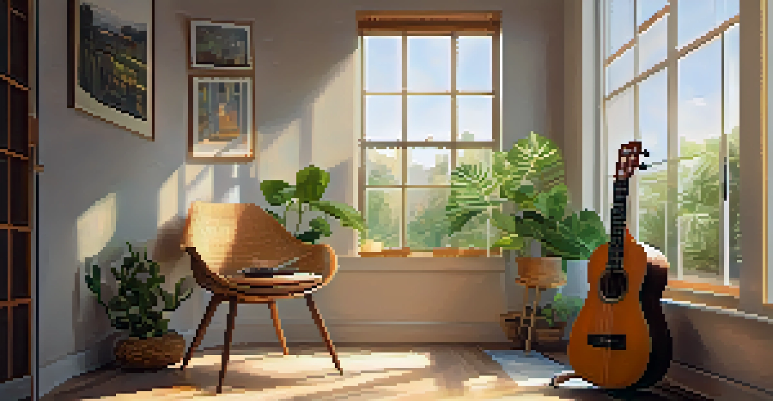 A ukulele on a stand by a window, with sunlight streaming in and plants in the background, creating a cozy atmosphere.