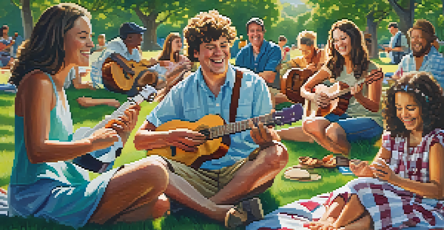 A diverse group of people playing ukuleles together in a sunny park, surrounded by nature and joy.