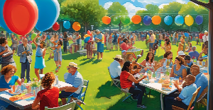 A lively charity event in a park with people enjoying a ukulele performance, colorful decorations, and a sunny atmosphere.
