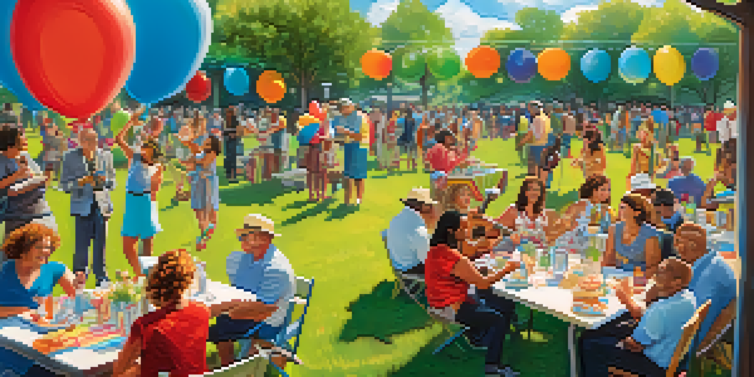 A lively charity event in a park with people enjoying a ukulele performance, colorful decorations, and a sunny atmosphere.