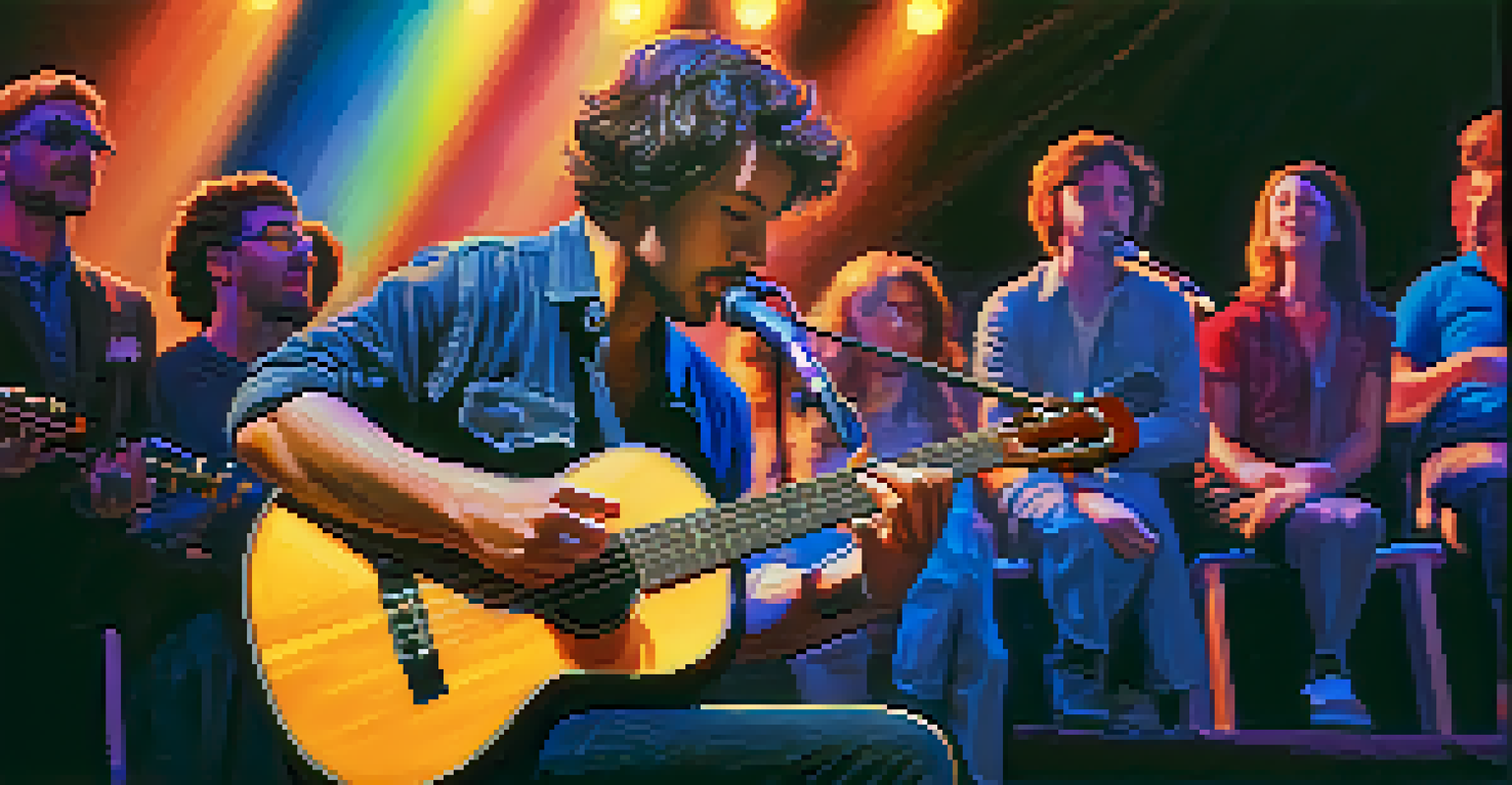 A musician performing on stage with an acoustic ukulele, colorful lights illuminating the scene, and an engaged audience in the background.
